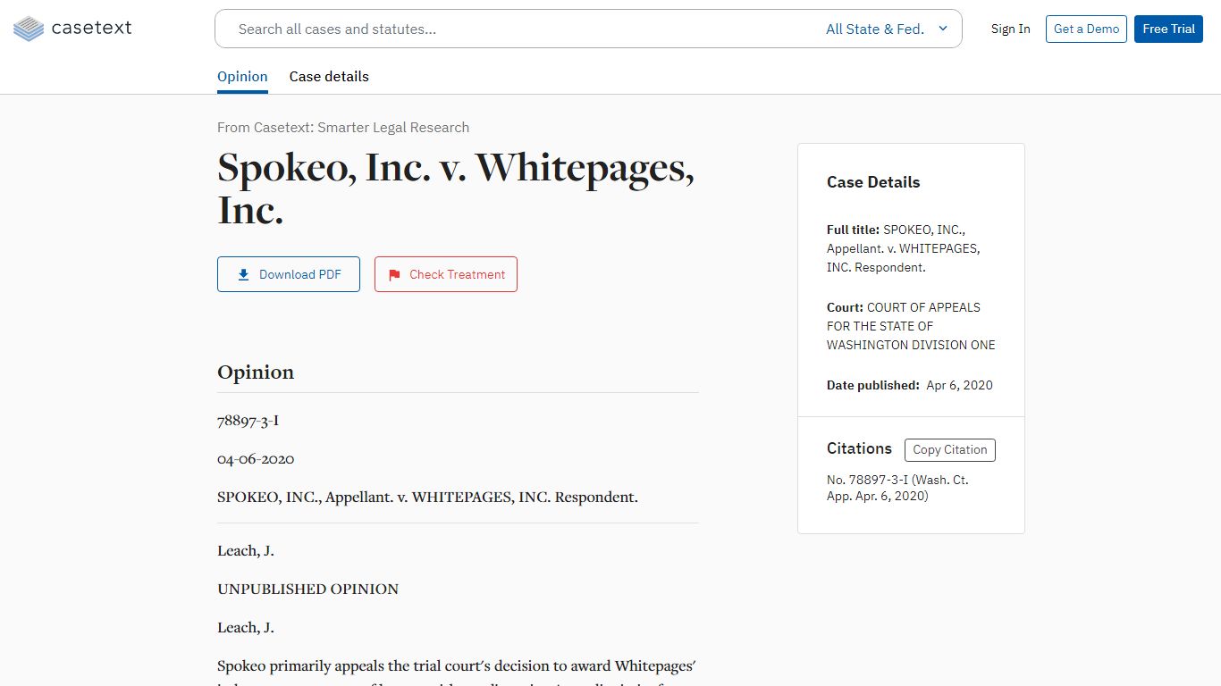 Spokeo, Inc. v. Whitepages, Inc., No. 78897-3-I - Casetext